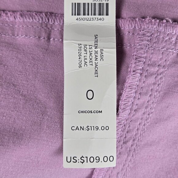 Chico's Size 0 (US Small) Soft Lilac Sateen Jean Jacket Logo Buttons Collar NWT - Picture 14 of 16
